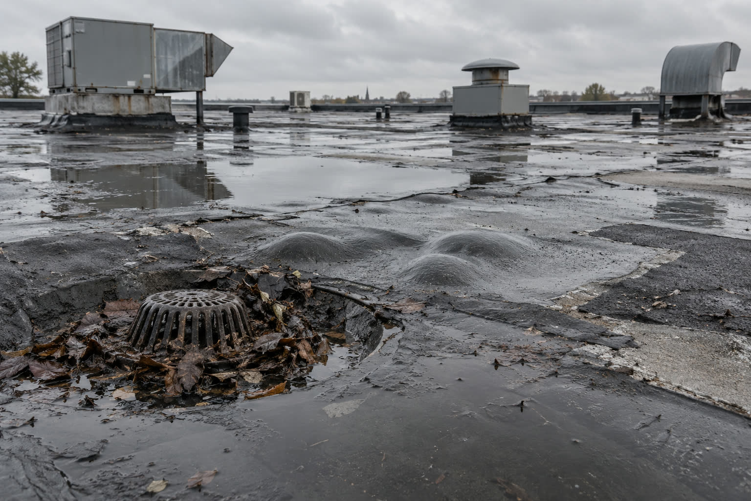 Плоская кровля административного здания с водосточной воронкой — до работ